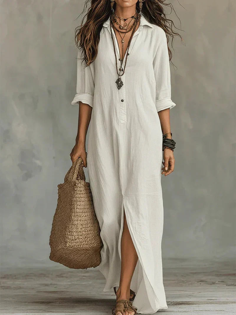 Women's Button Front Maxi Dress – Collared Flowy Long Dress