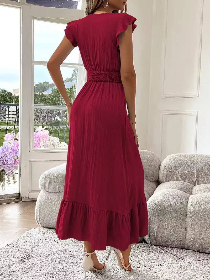 Women's V-Neck Tiered Evening Maxi Dress – Short Sleeve Smocked Waist Dress