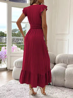 Women's V-Neck Tiered Evening Maxi Dress – Short Sleeve Smocked Waist Dress