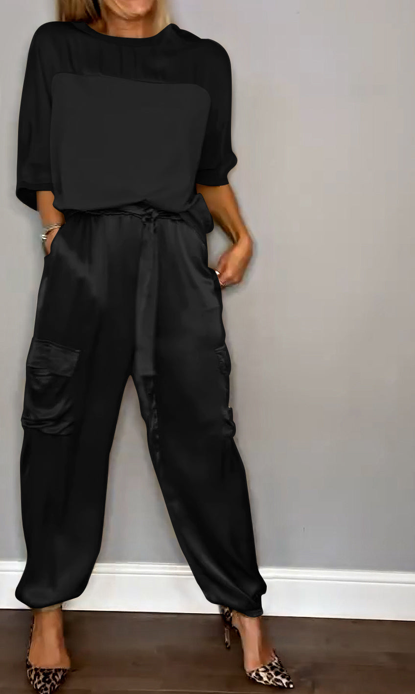 Women's Shiny High Waist Cargo Set – Relaxed Top and Pocket Pants Set