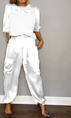 Women's Shiny High Waist Cargo Set – Relaxed Top and Pocket Pants Set