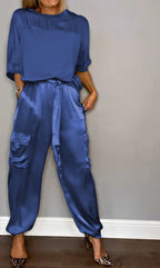Women's Shiny High Waist Cargo Set – Relaxed Top and Pocket Pants Set