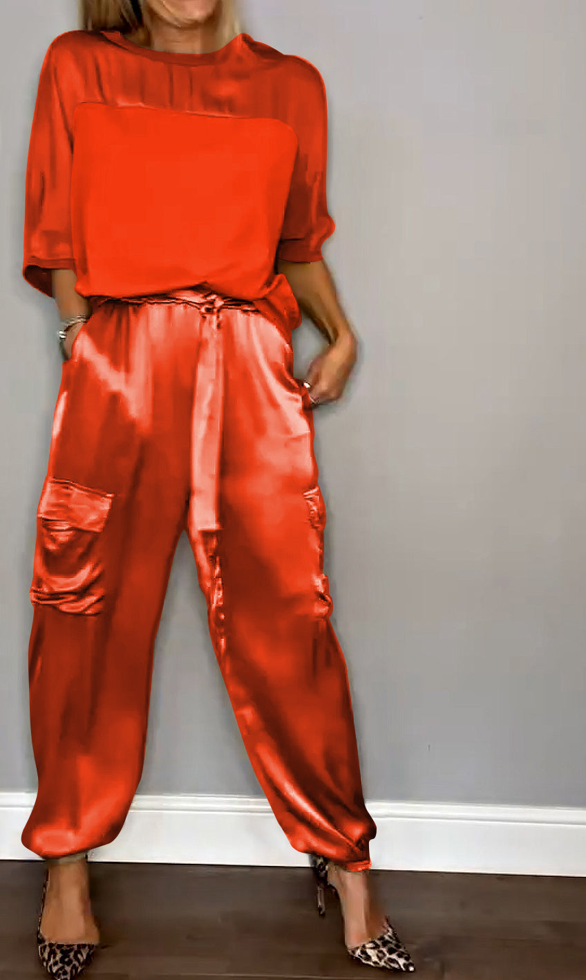 Women's Shiny High Waist Cargo Set – Relaxed Top and Pocket Pants Set