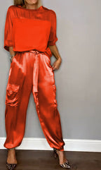 Women's Shiny High Waist Cargo Set – Relaxed Top and Pocket Pants Set