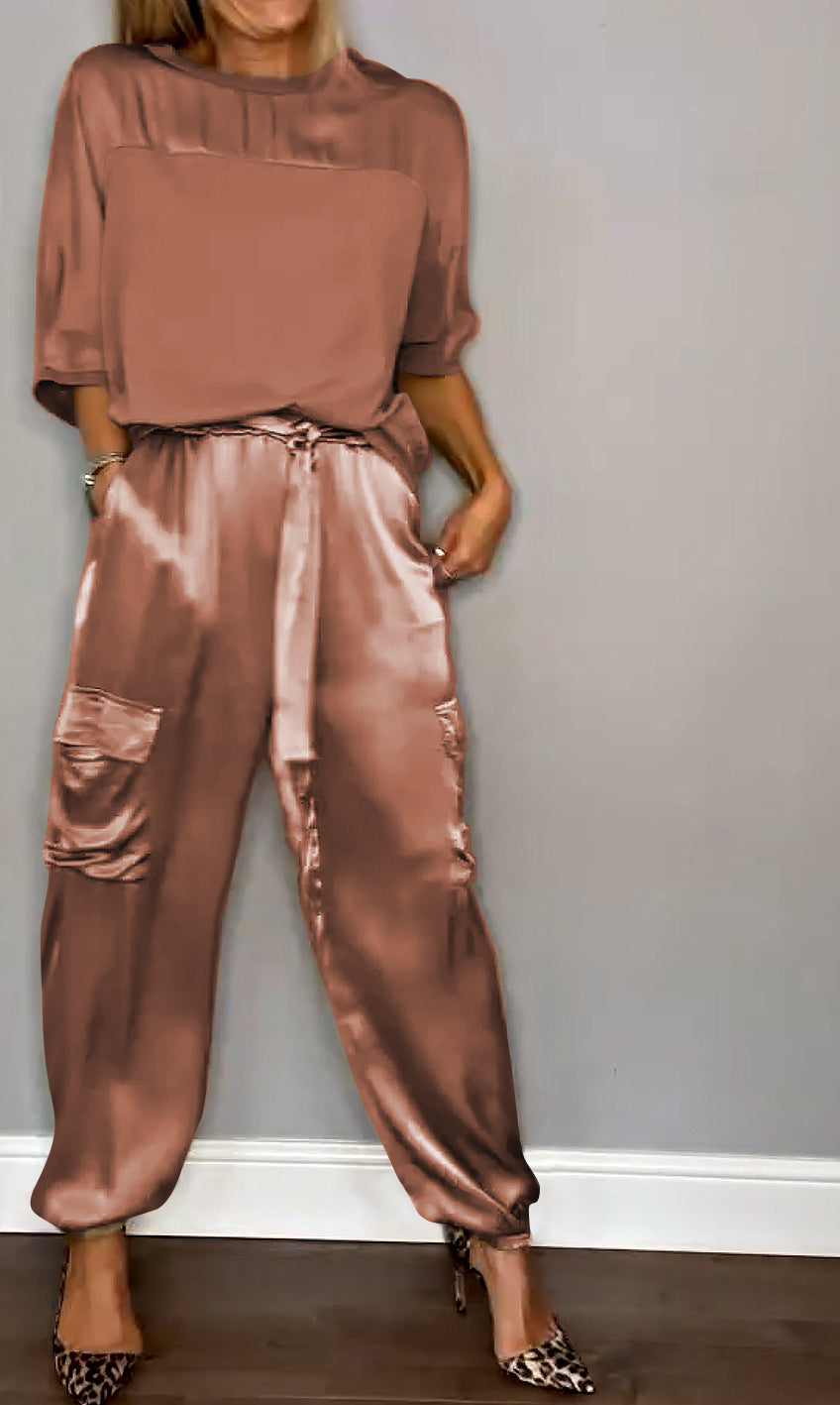Women's Shiny High Waist Cargo Set – Relaxed Top and Pocket Pants Set