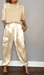 Women's Shiny High Waist Cargo Set – Relaxed Top and Pocket Pants Set