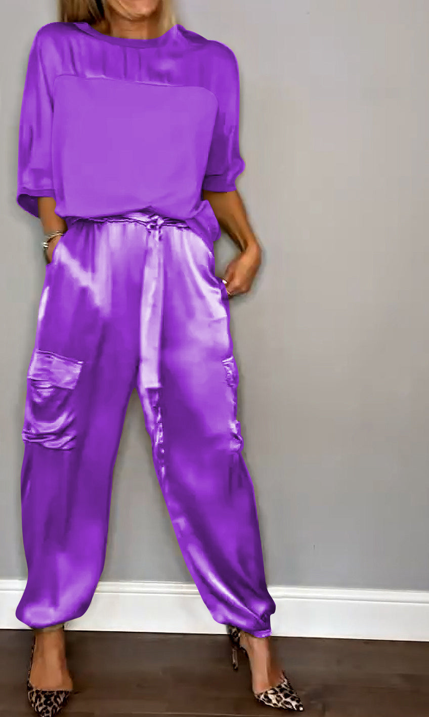 Women's Shiny High Waist Cargo Set – Relaxed Top and Pocket Pants Set