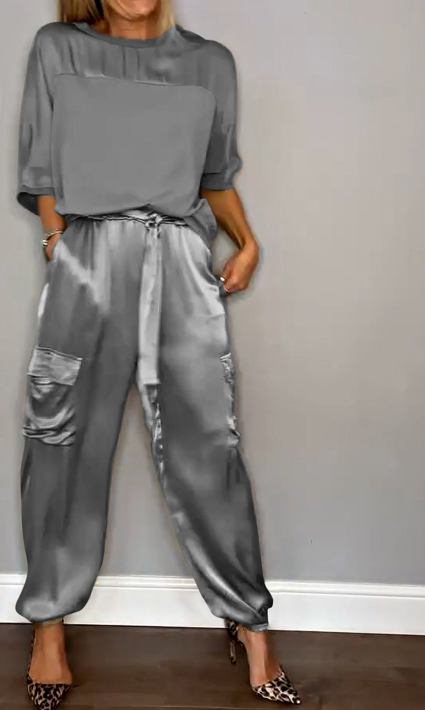 Women's Shiny High Waist Cargo Set – Relaxed Top and Pocket Pants Set