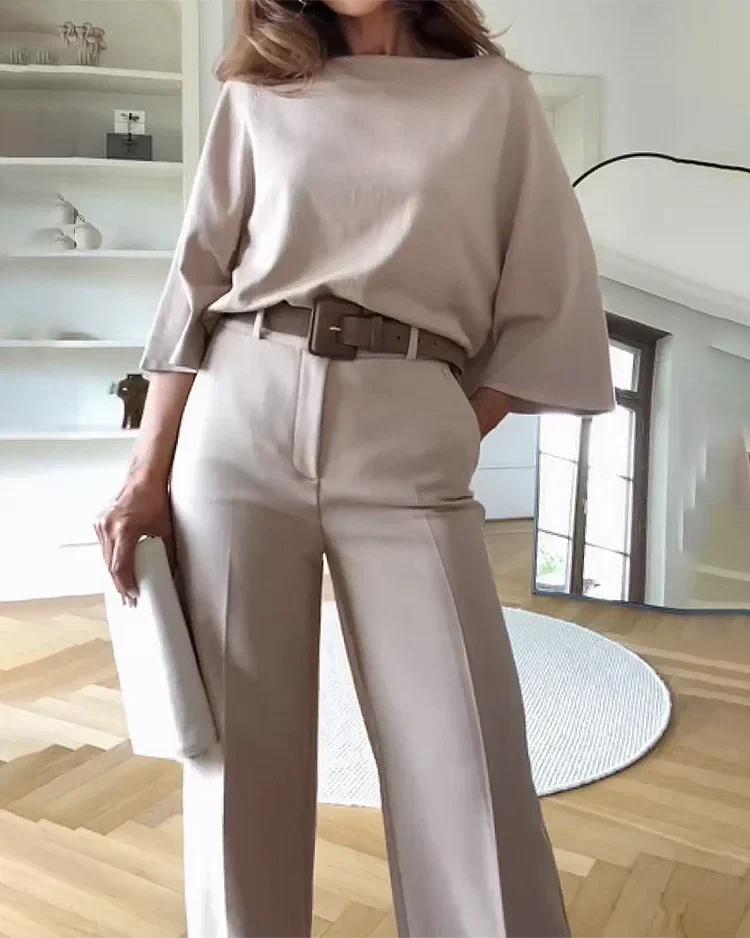 Women's Tailored Pants Set – Relaxed Top & Wide Leg Dress Trousers