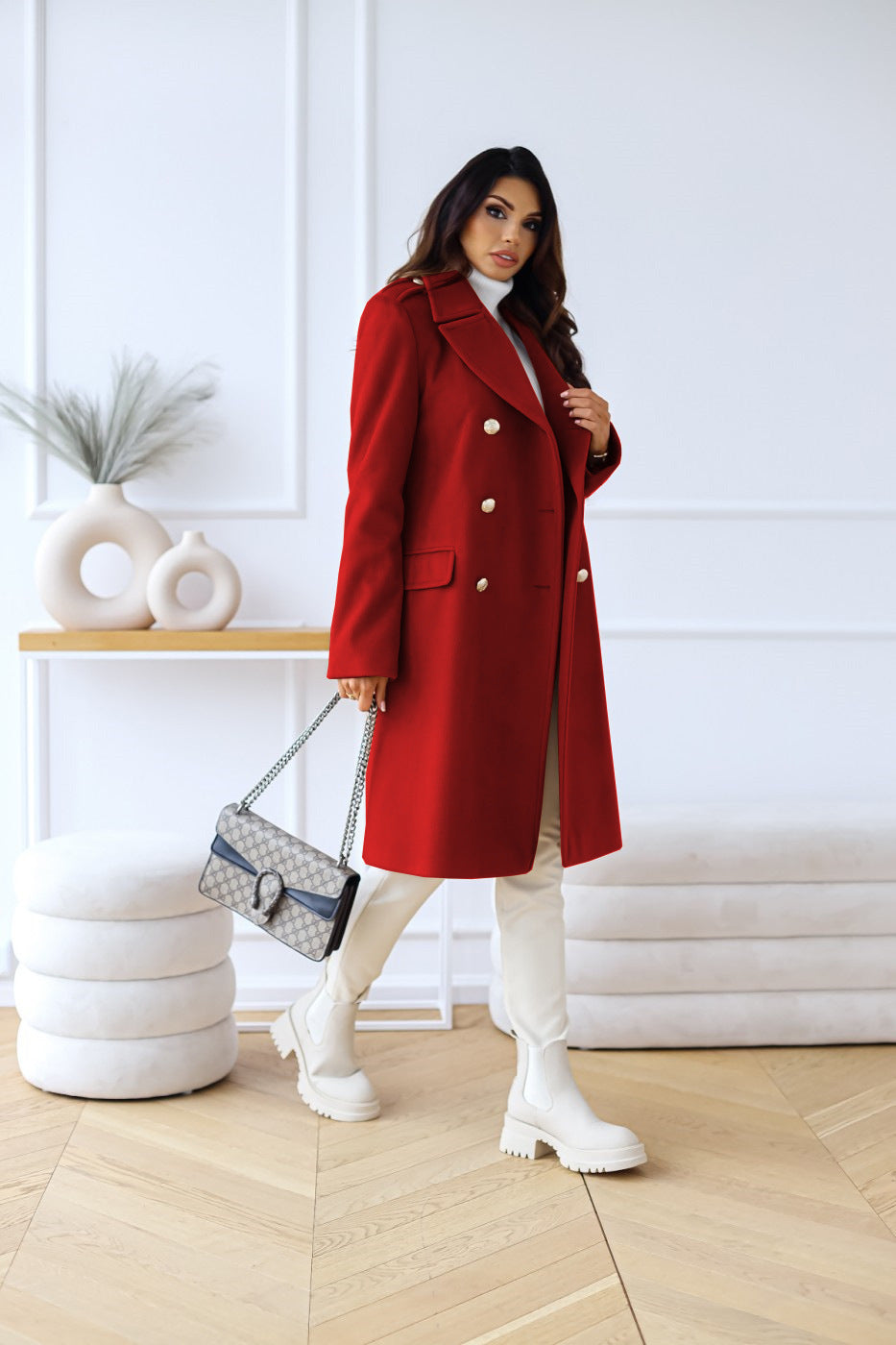 Women's Long Double-Breasted Overcoat – Classic Winter Coat
