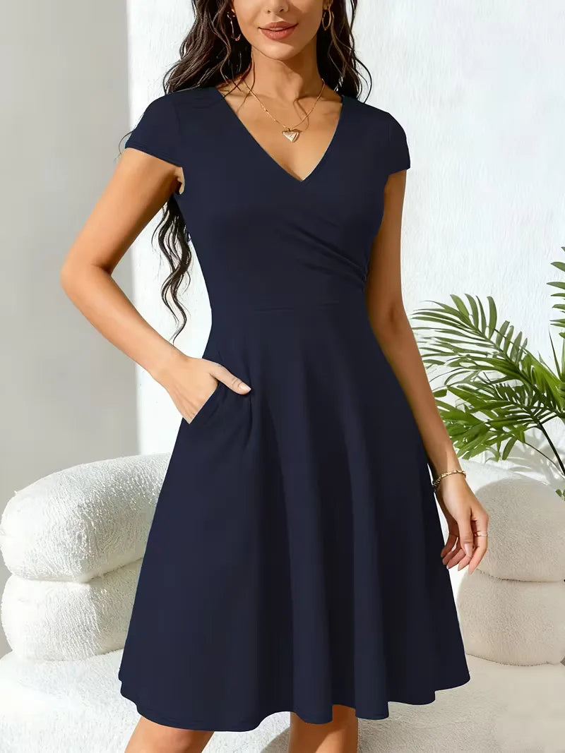 Women's V-Neck Pocket A-Line Dress – Short Sleeve Knee Length Dress