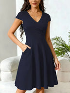 Women's V-Neck Pocket A-Line Dress – Short Sleeve Knee Length Dress