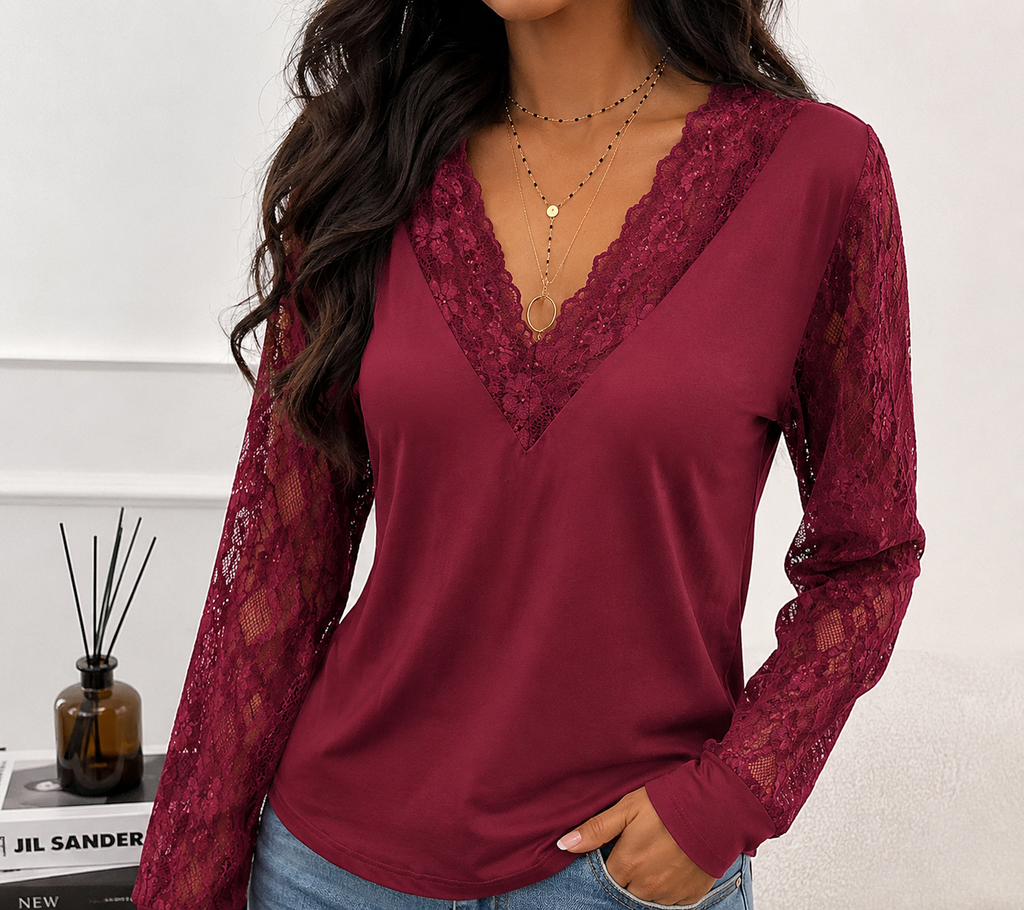 Women's Lace Sleeve Blouse – V-Neck Romantic Lace Detail Blouse