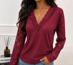 Women's Lace Sleeve Blouse – V-Neck Romantic Lace Detail Blouse