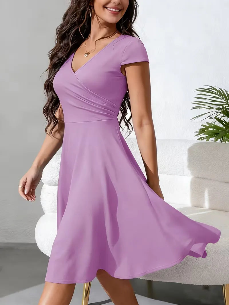 Women's V-Neck Pocket A-Line Dress – Short Sleeve Knee Length Dress