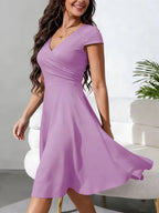 Women's V-Neck Pocket A-Line Dress – Short Sleeve Knee Length Dress
