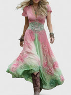 Women's Floral Boho Maxi Dress – V-Neck Flowy Long Dress