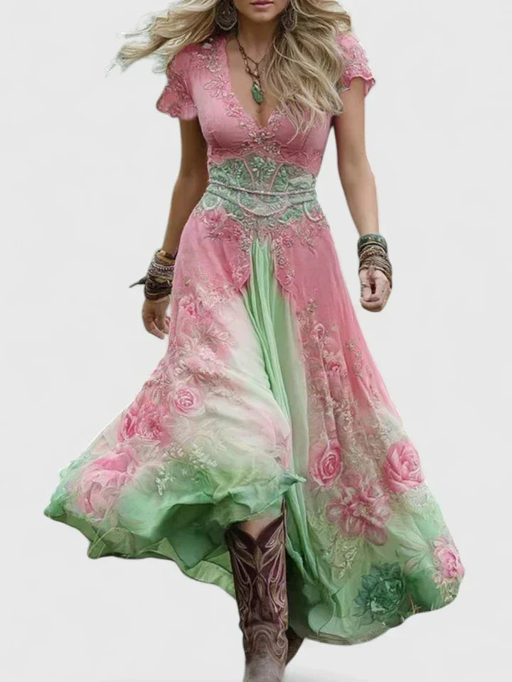 Women's Floral Boho Maxi Dress – V-Neck Flowy Long Dress