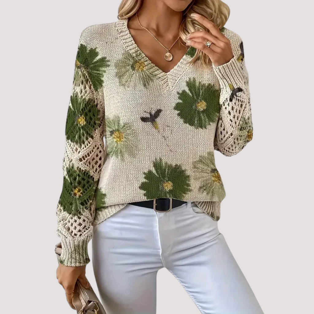 Women's Floral Pattern Sweater – Lightweight V-Neck Knit Pullover