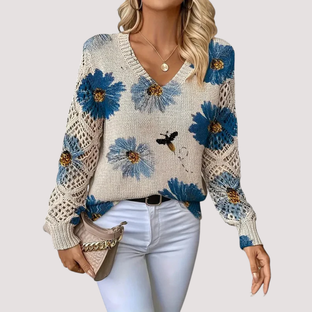 Women's Floral Pattern Sweater – Lightweight V-Neck Knit Pullover