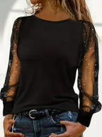 Women's Glitter Mesh Sleeve Blouse – Sheer Sleeve Sparkly Party Blouse