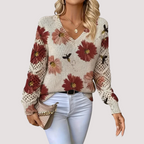 Women's Floral Pattern Sweater – Lightweight V-Neck Knit Pullover