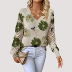 Women's Floral Pattern Sweater – Lightweight V-Neck Knit Pullover