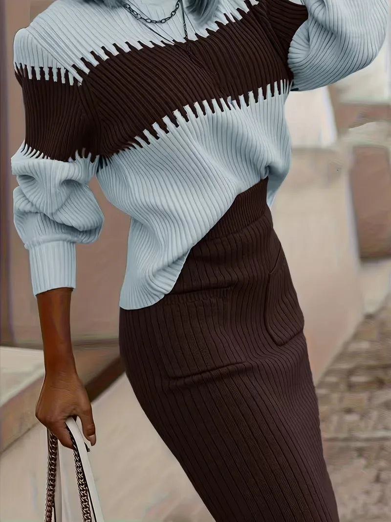 Women's Ribbed Knit Skirt Set – High Neck Sweater Co-Ord