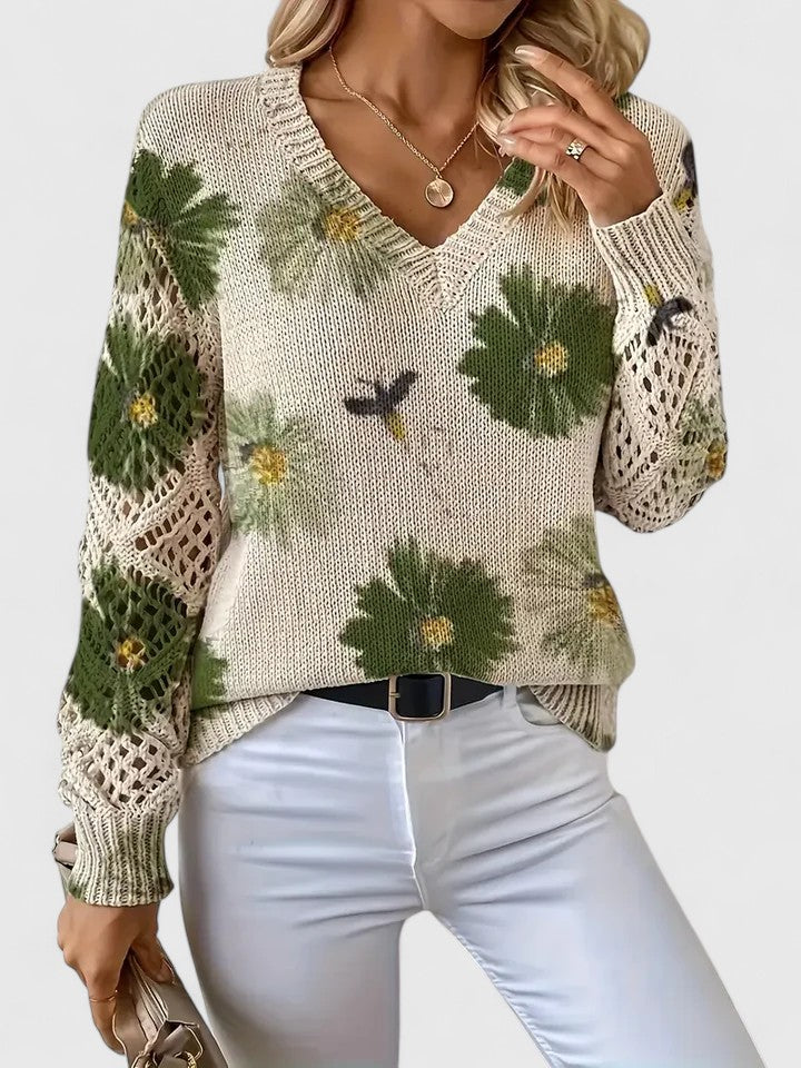 Women's V-Neck Floral Cardigan – Button Front Patterned Knit Cardigan