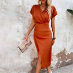 Women's V-Neck Cutout Midi Dress – Wrap Front Fitted Cocktail Dress