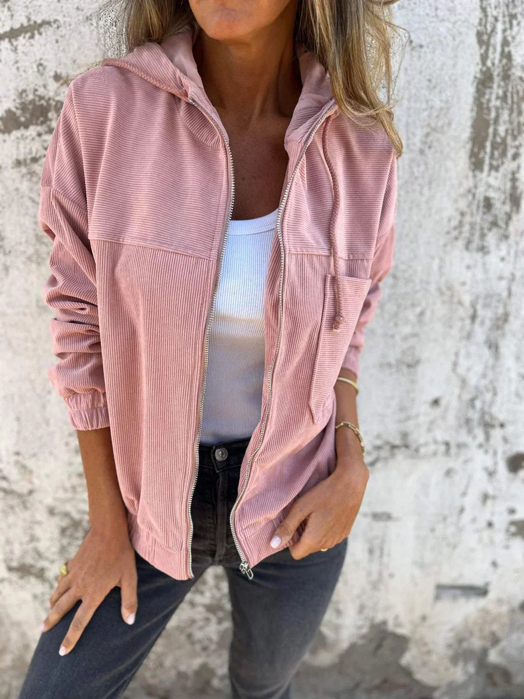 Women's Ribbed Hoodie Jacket – Zip Front Casual Jacket