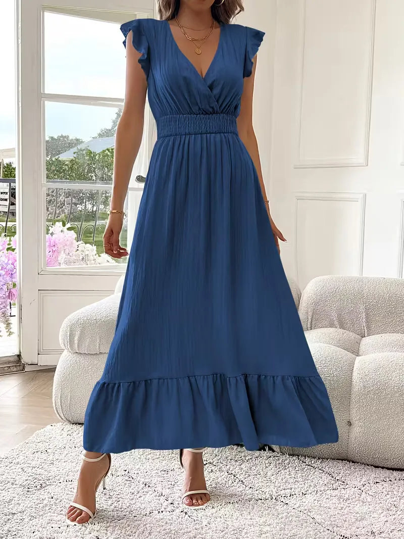 Women's V-Neck Tiered Evening Maxi Dress – Short Sleeve Smocked Waist Dress