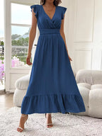 Women's V-Neck Tiered Evening Maxi Dress – Short Sleeve Smocked Waist Dress
