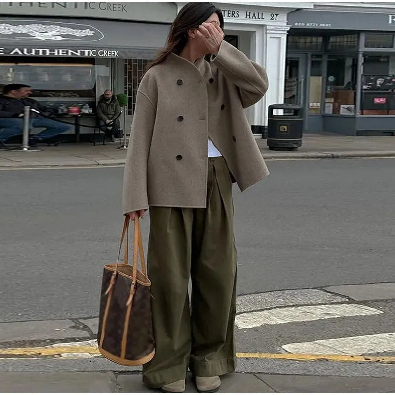 Women's Double-Breasted Winter Coat – Relaxed Stand Collar Overcoat