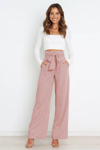 Women's Bow Tie Paperbag Waist Pants – High Rise Wide Leg Trousers