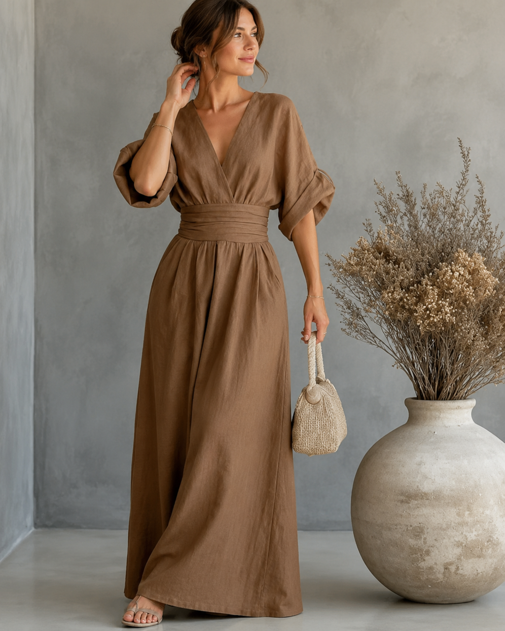 Women's V-Neck Wrap Wide Leg Jumpsuit – Cinched Waist Evening Occasion Jumpsuit