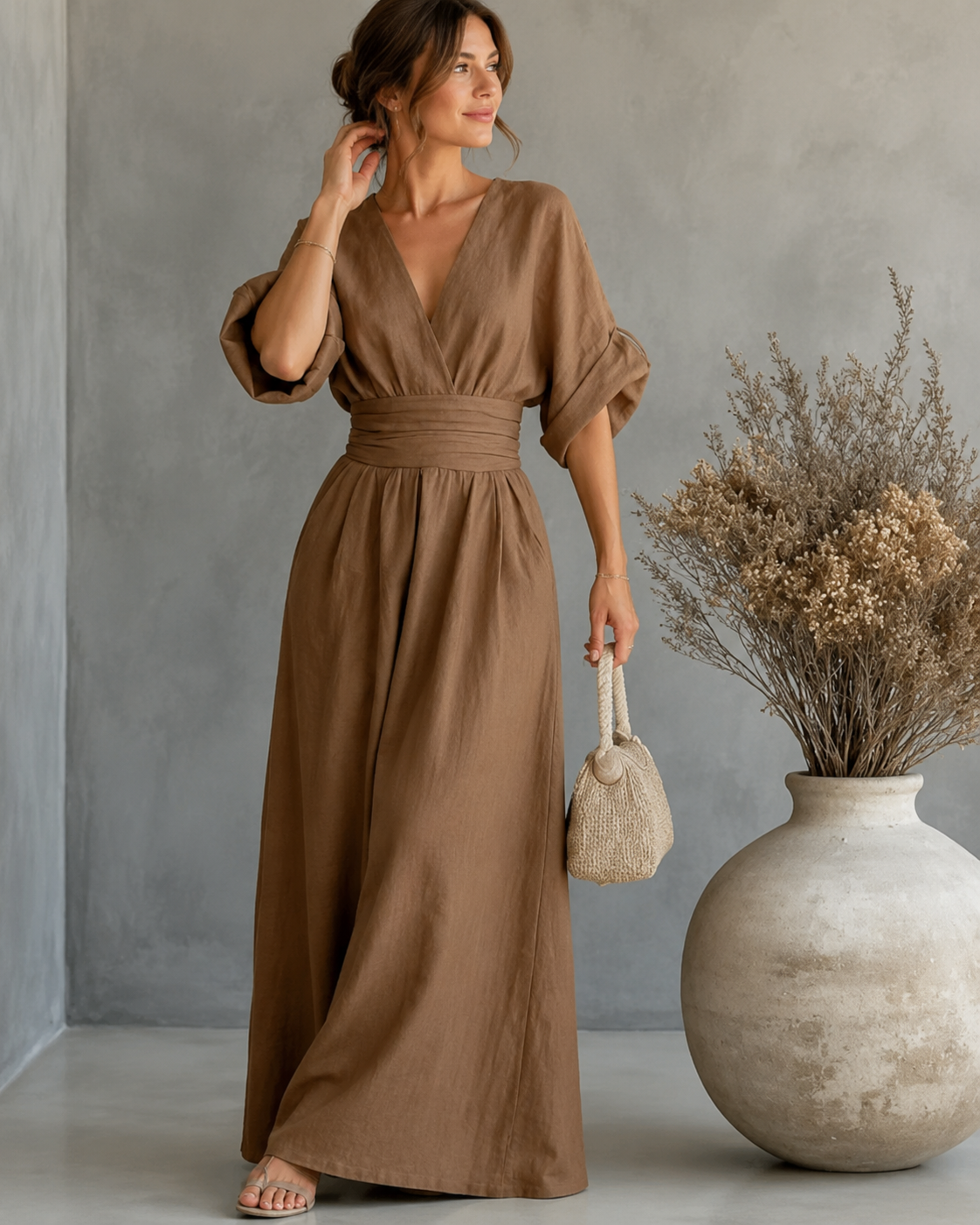 Women's V-Neck Wrap Wide Leg Jumpsuit – Cinched Waist Evening Occasion Jumpsuit