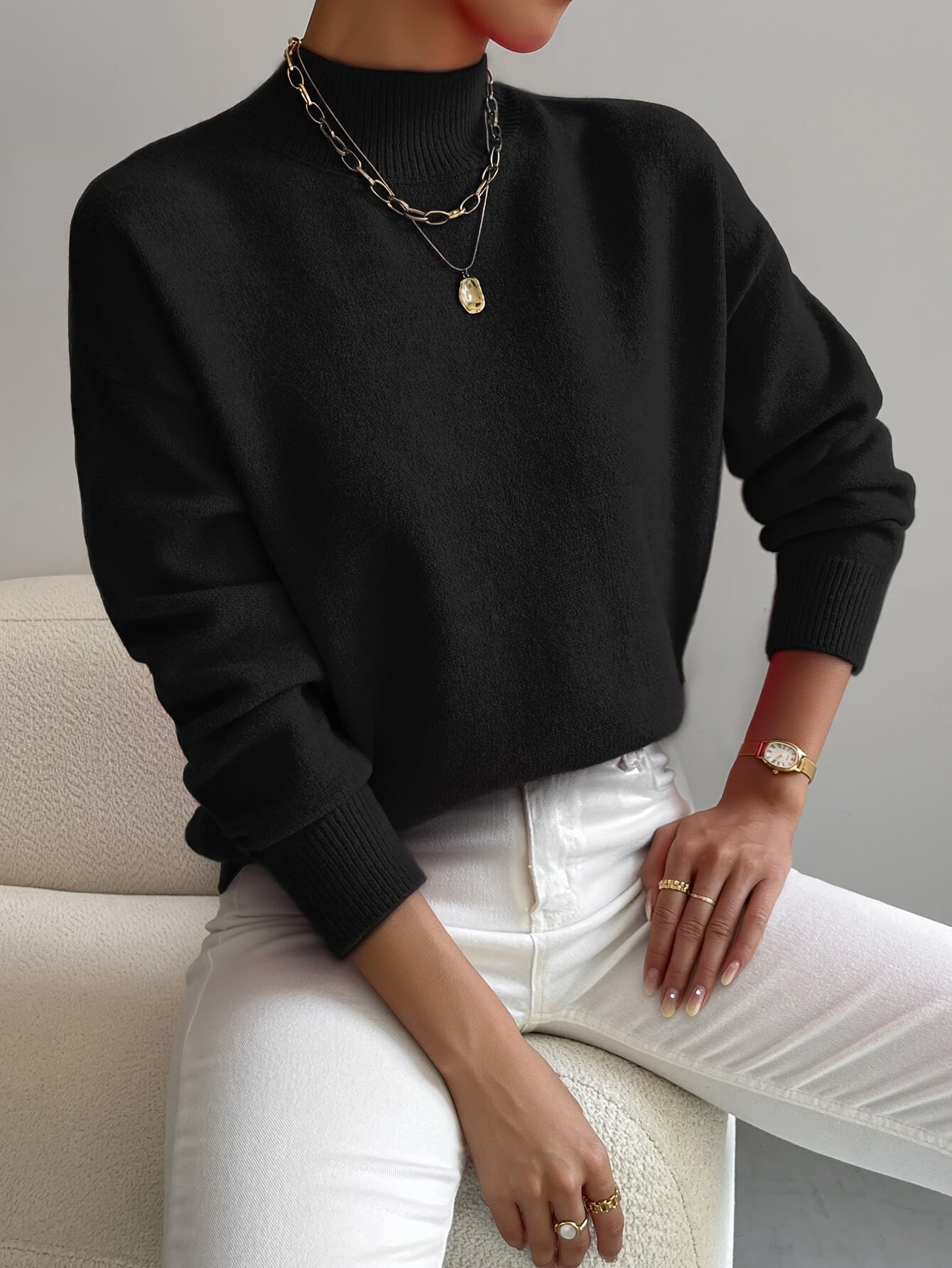 Women's High Collar Sweater – Relaxed Winter Knit Pullover
