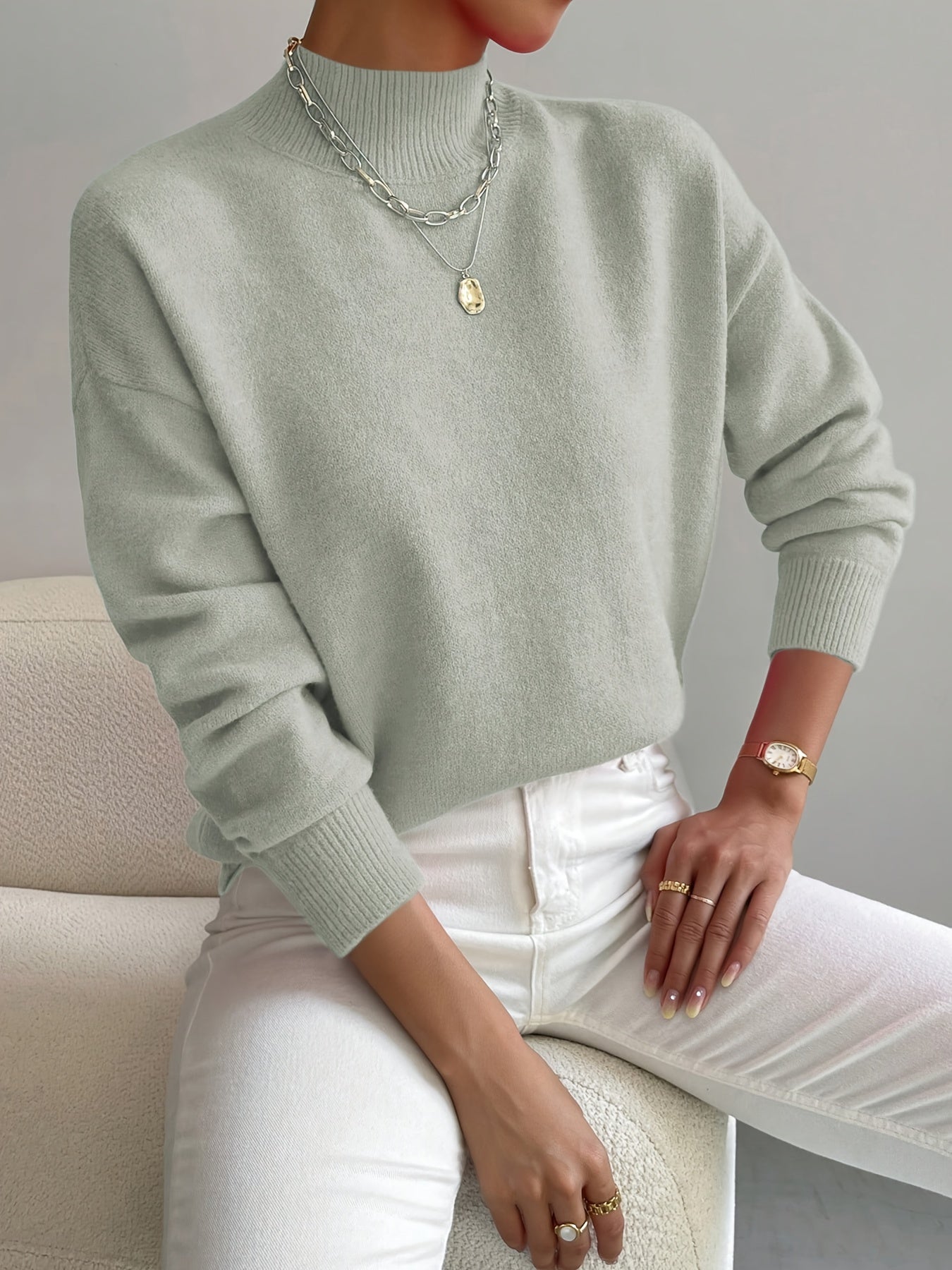 Women's High Collar Sweater – Relaxed Winter Knit Pullover
