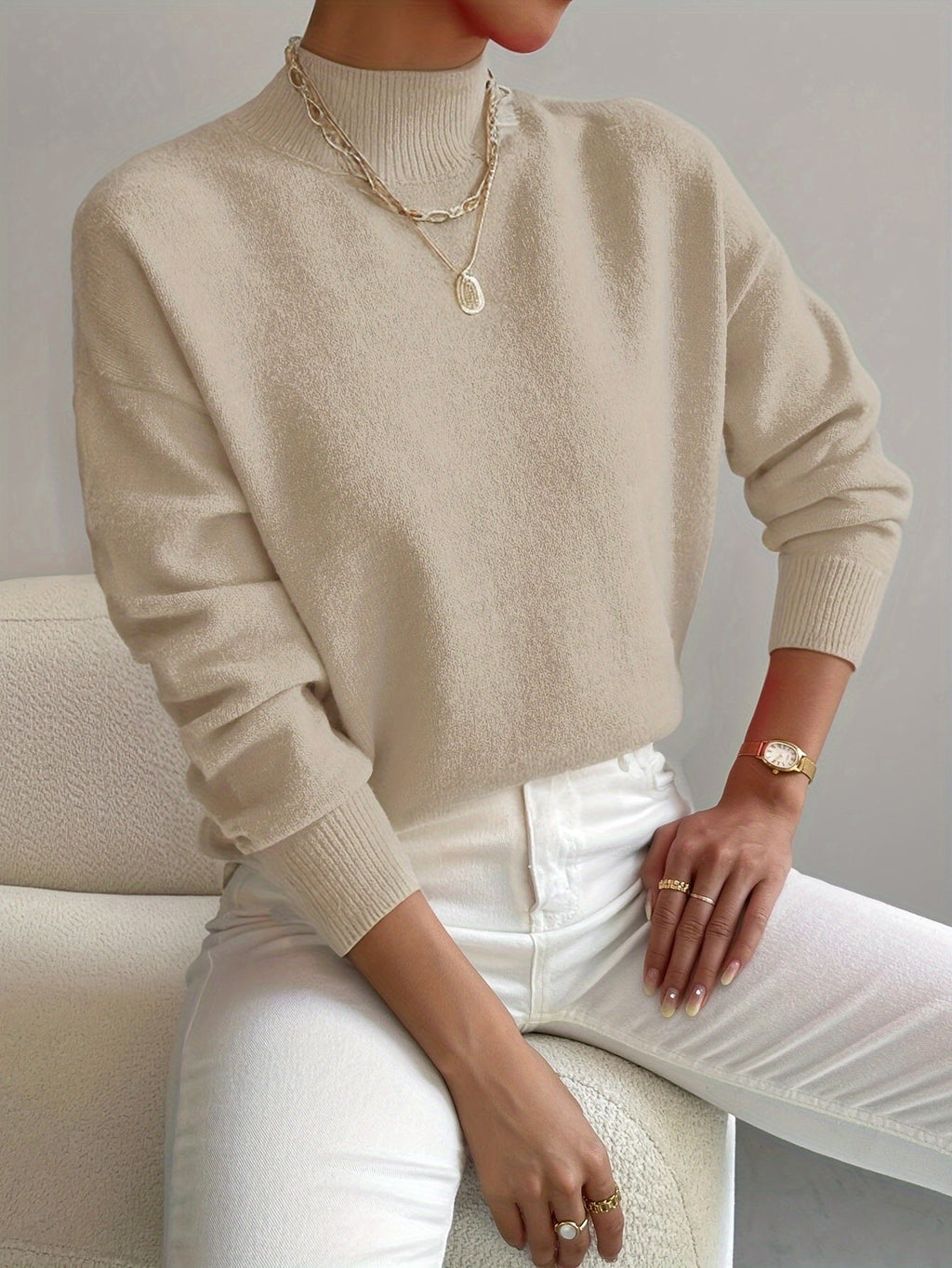 Women's High Collar Sweater – Relaxed Winter Knit Pullover