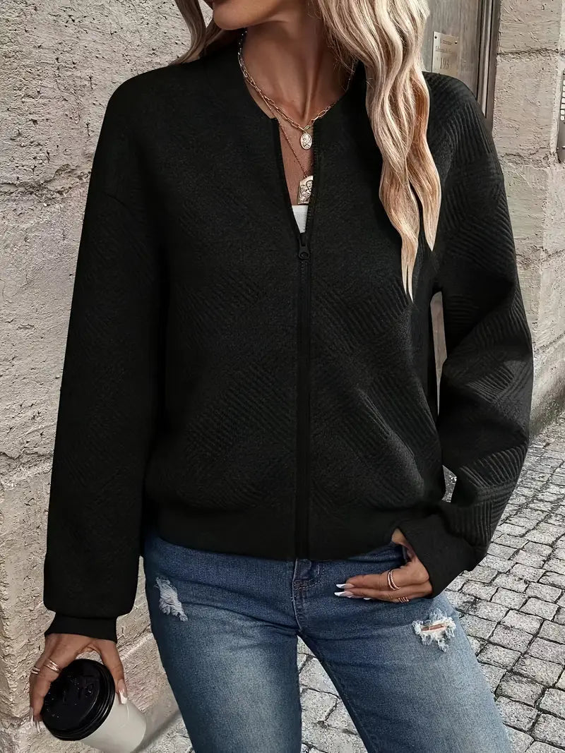 Women's Zip-Up Textured Cardigan – Long Sleeve Knit Cardigan