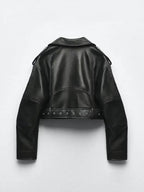 Women's Cropped Moto Jacket – Belted Faux Leather Biker Jacket