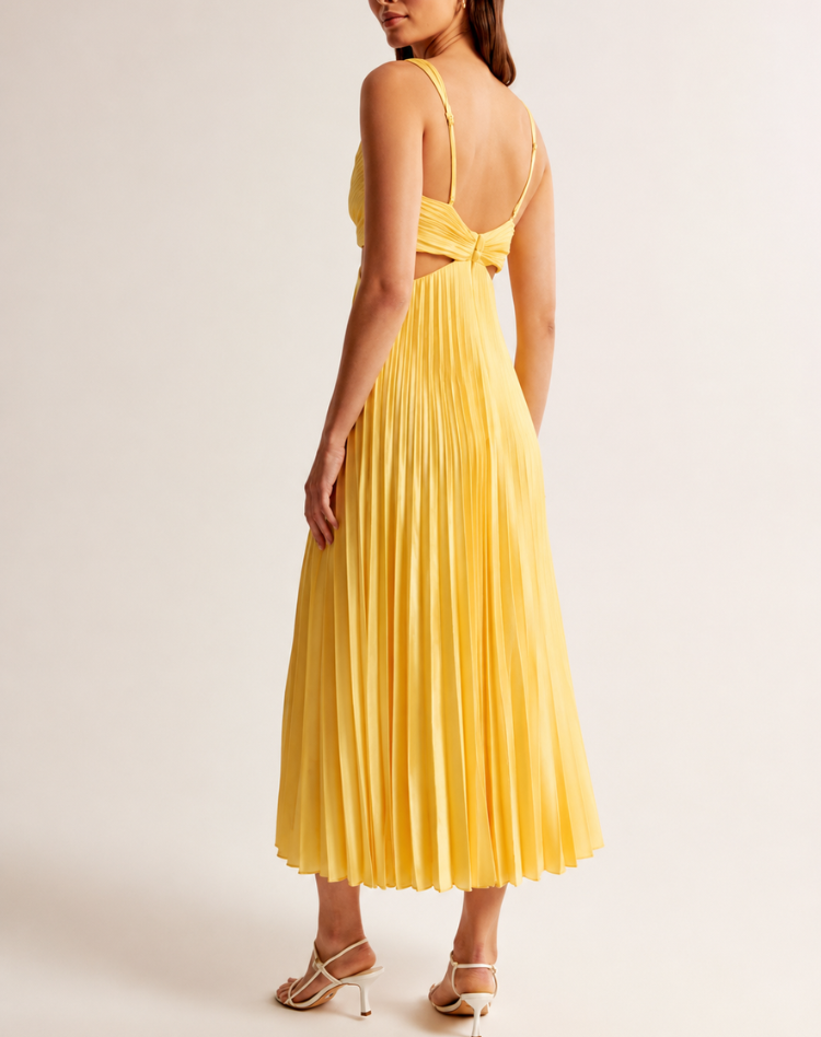 Women's Deep V-Neck Pleated Dress – Side Cutout Fitted Cocktail Midi Dress