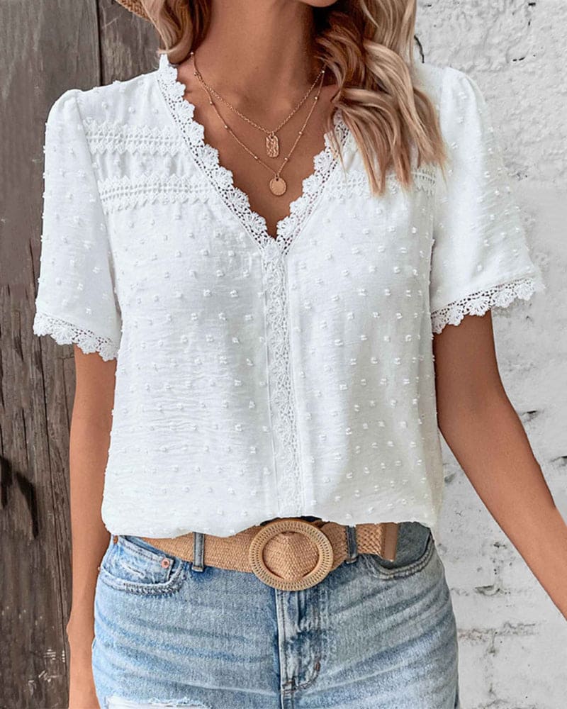 Women's Short Sleeve Lace Blouse – V-Neck Detail Blouse