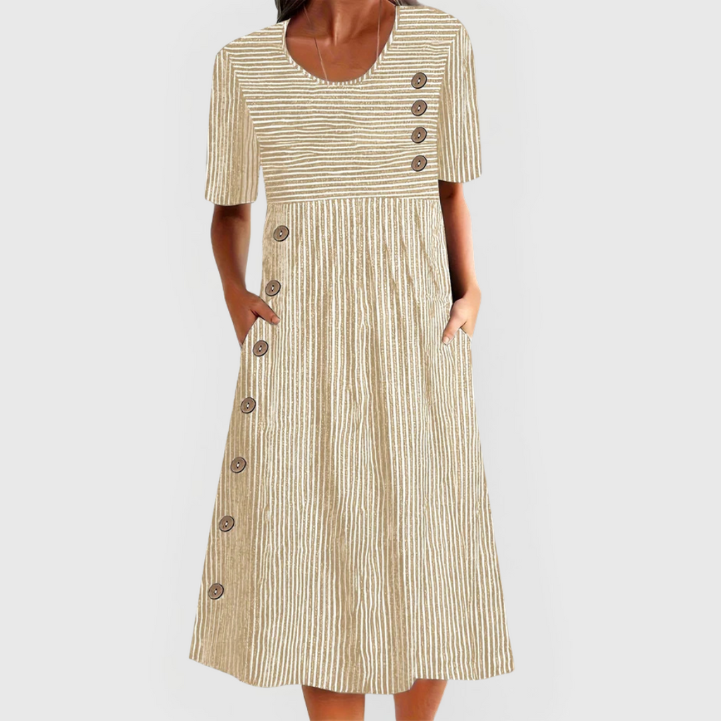 Women's Striped Midi Dress – Three-Quarter Sleeve Flowy Day Dress