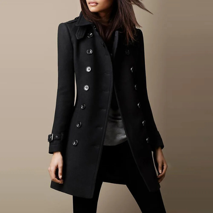 Women's Double-Breasted Tailored Coat – Mid-Length Button Overcoat