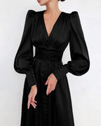 Women's V-Neck Wedding Guest Maxi Dress – Lantern Sleeve Flowy Formal Dress
