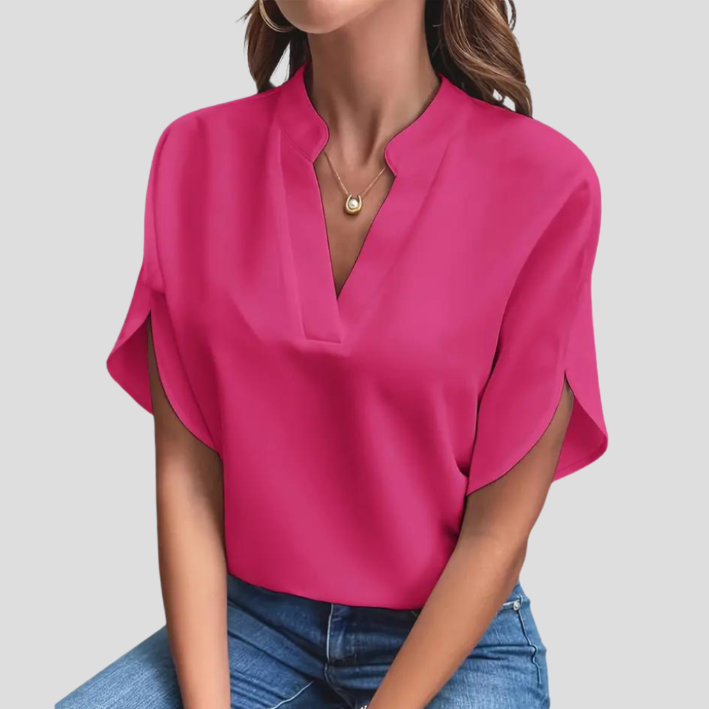 Women's Stand Collar Summer Blouse – Short Sleeve V-Neck Blouse