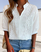 Women's V-Neck Long Sleeve Blouse – Puff Sleeve Relaxed Blouse