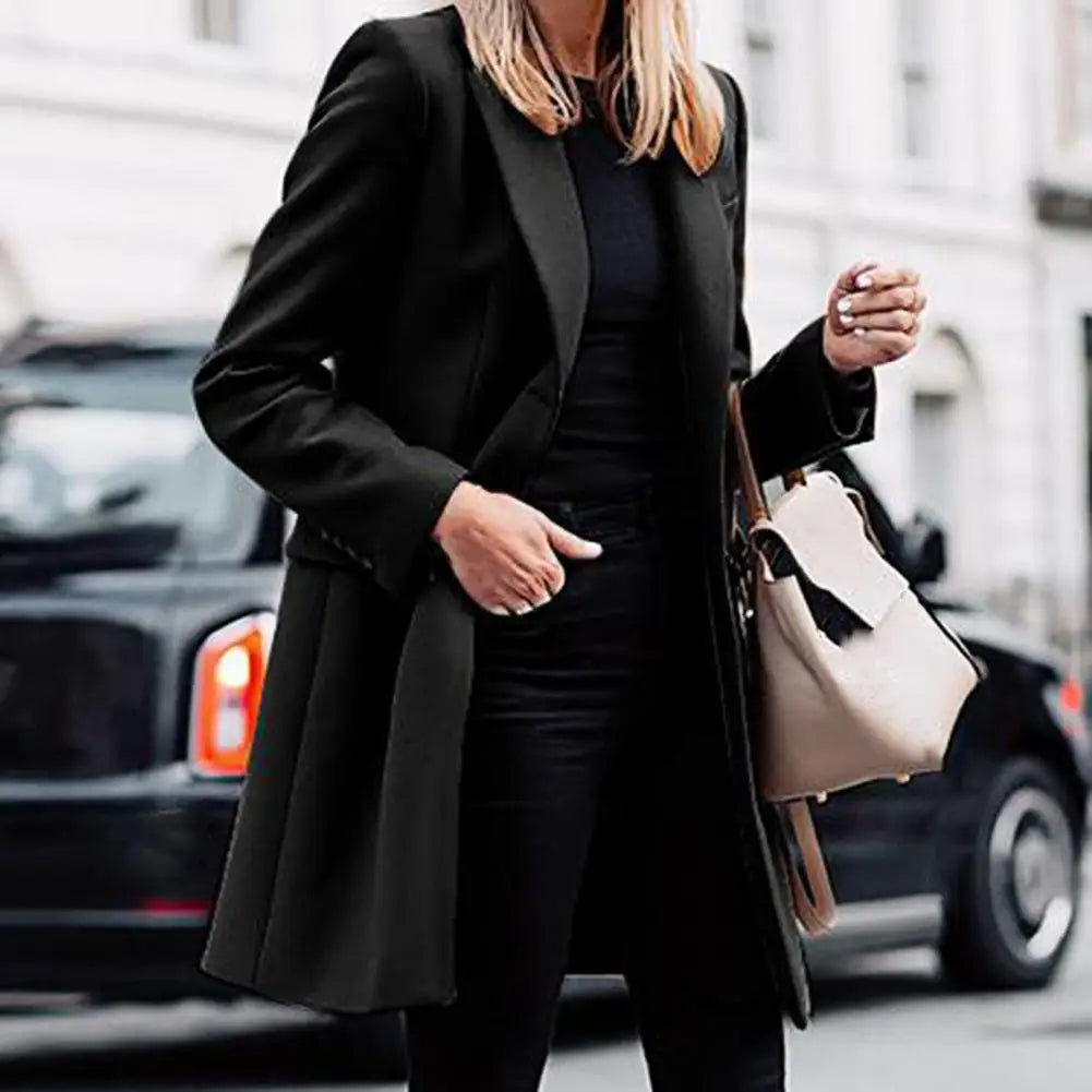 Women's Double-Breasted Mid-Length Coat – Tailored Lapel Overcoat